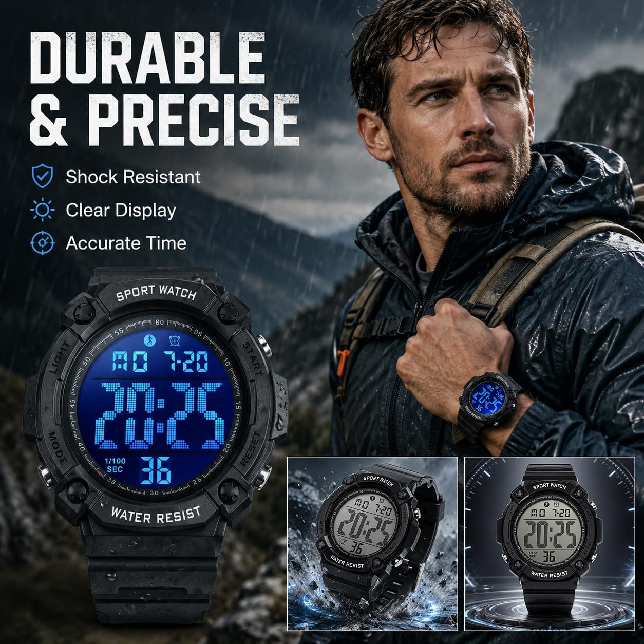 Black Digital Sports Watches for Men, Waterproof, Minimalist Large Face, Outdoor Use, LED Backlight, Stopwatch, Alarm, and Date - Image 2