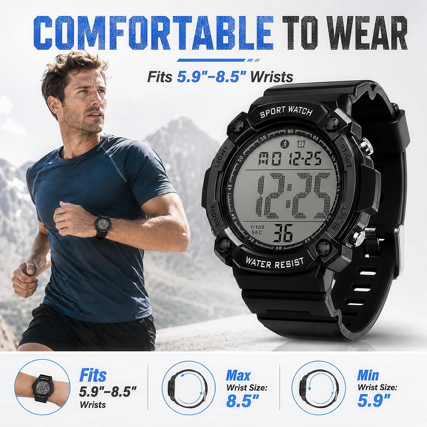 Black Digital Sports Watches for Men, Waterproof, Minimalist Large Face, Outdoor Use, LED Backlight, Stopwatch, Alarm, and Date - Image 4