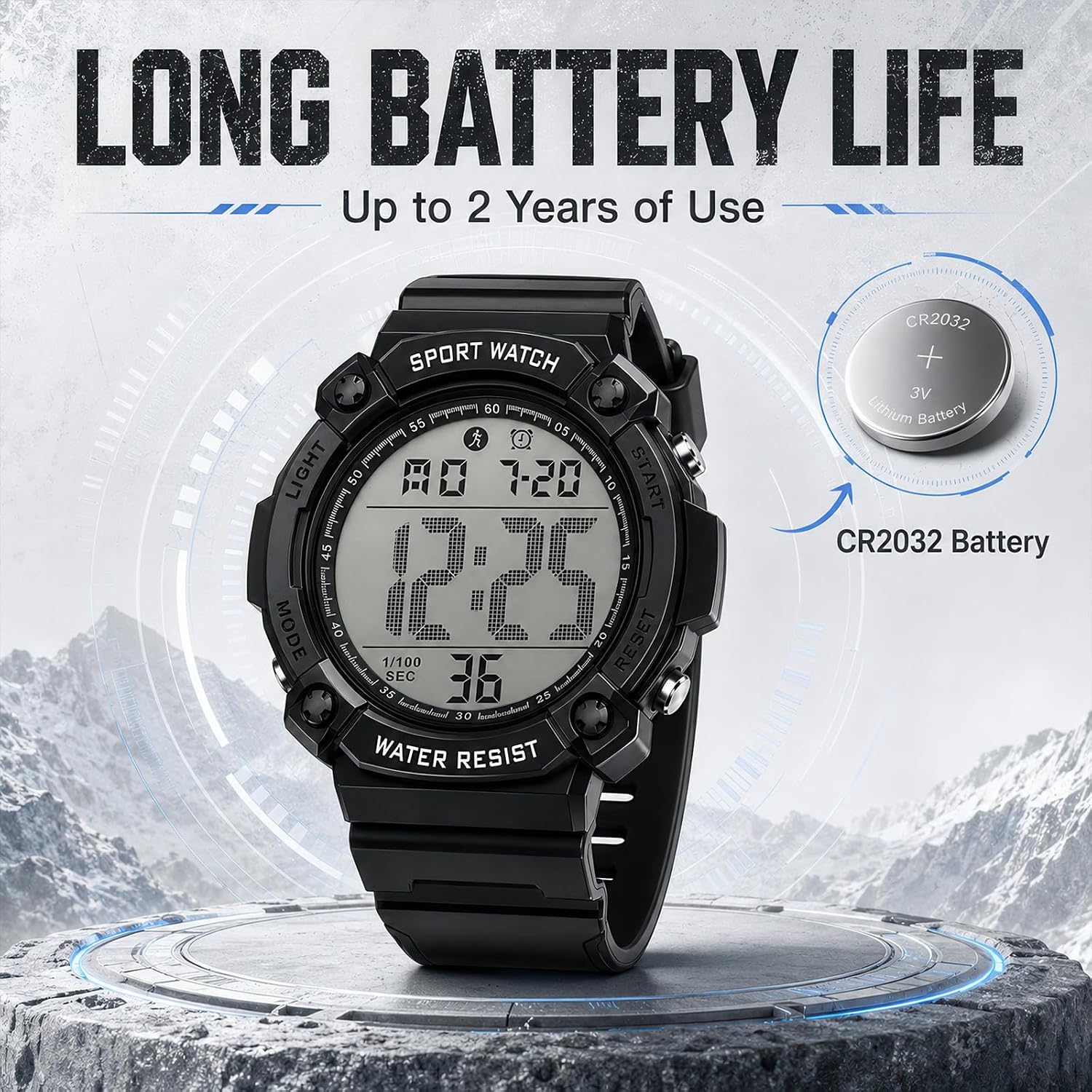 Black Digital Sports Watches for Men, Waterproof, Minimalist Large Face, Outdoor Use, LED Backlight, Stopwatch, Alarm, and Date - Image 5