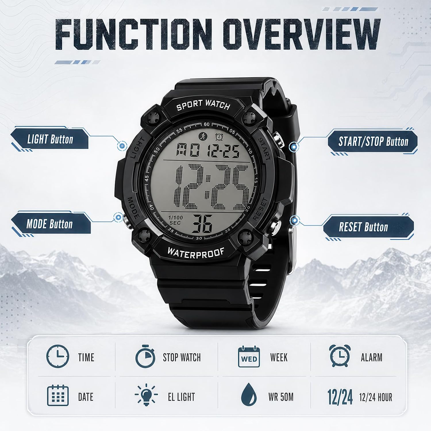 Black Digital Sports Watches for Men, Waterproof, Minimalist Large Face, Outdoor Use, LED Backlight, Stopwatch, Alarm, and Date - Image 6