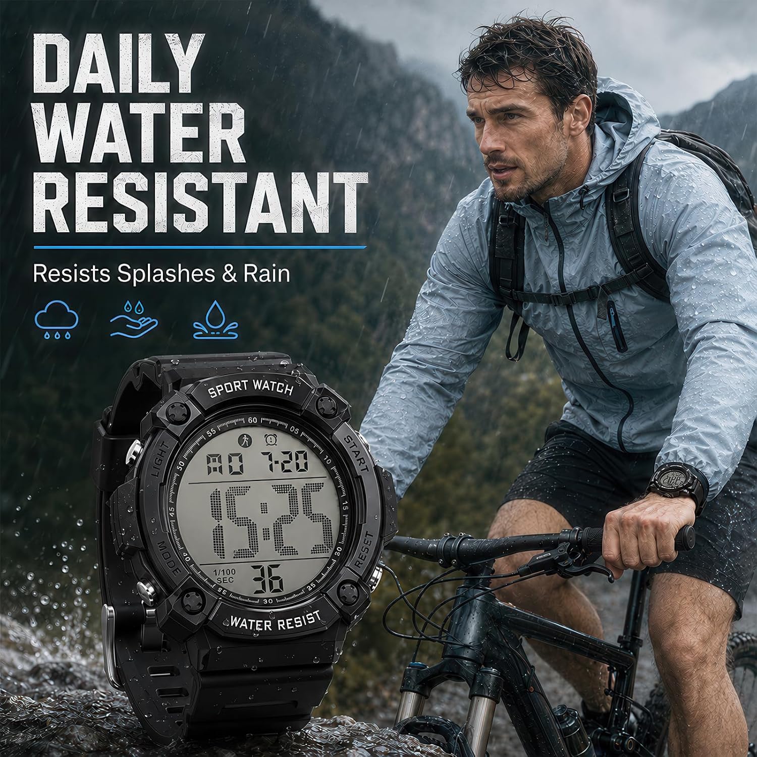 Black Digital Sports Watches for Men, Waterproof, Minimalist Large Face, Outdoor Use, LED Backlight, Stopwatch, Alarm, and Date - Image 7